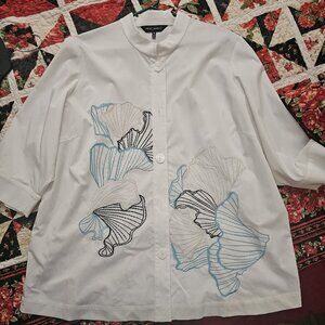 Ming Wang Plus Size Embroidered Cotton Poplin Stand Collar 3/4 Sleeve NWOT